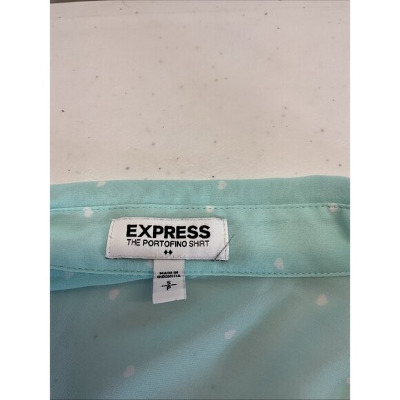 Express‎ The Portofino Shirt  Womens Small Turquoise Sheer White polka dot - Picture 3 of 8
